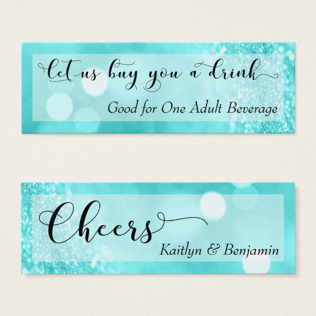 Aqua Glitter Bokeh Script Mini Drink Ticket (Front & Back)