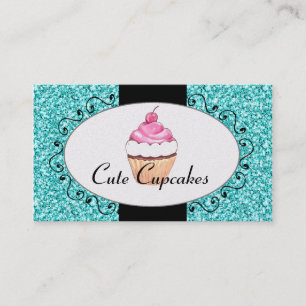 Aqua Glitter Cute Cupcake Bakery Business Card