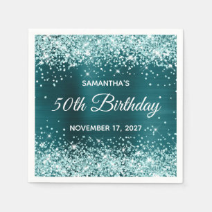 Aqua Glitter Dark Teal Blue Foil 50th Birthday Napkin