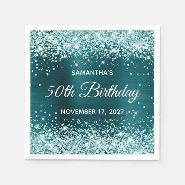 Aqua Glitter Dark Teal Blue Foil 50th Birthday Napkin (Front)