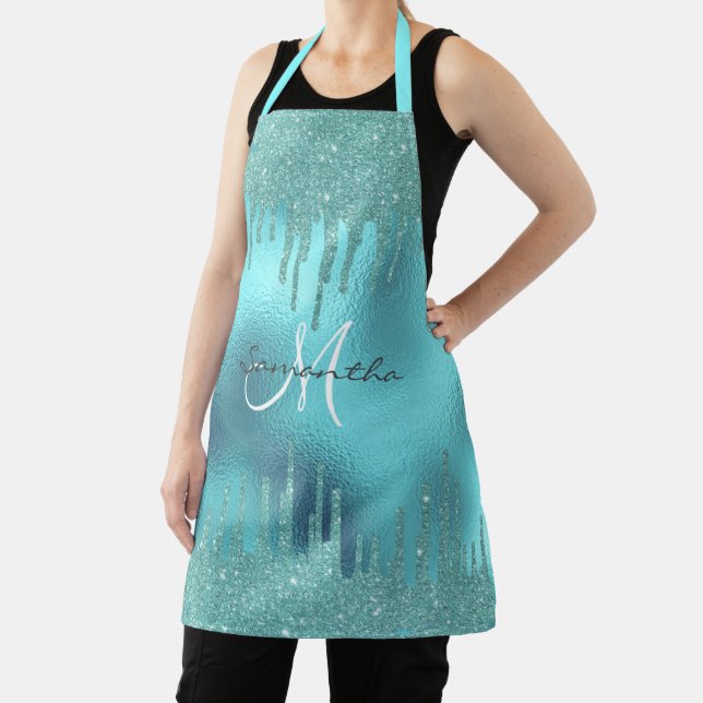 Aqua Glitter Drips Metallic Foil Personalised Apron (Insitu)