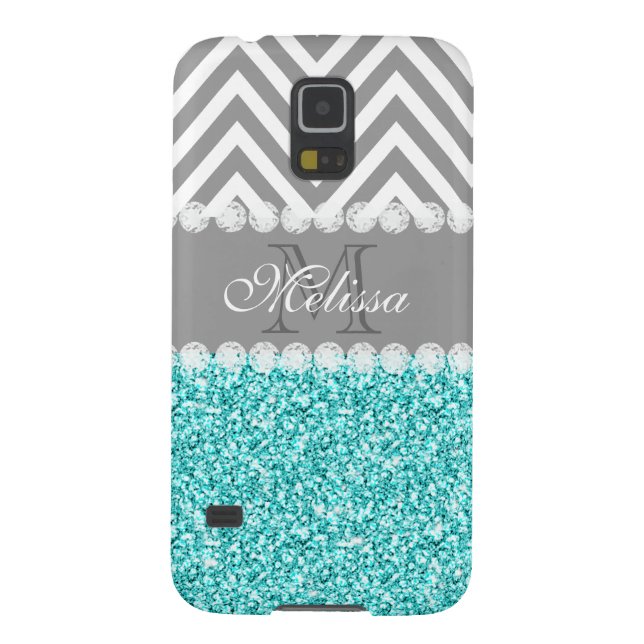 AQUA GLITTER, GRAY CHEVRON, MONOGRAMMED Case-Mate SAMSUNG GALAXY CASE (Back)