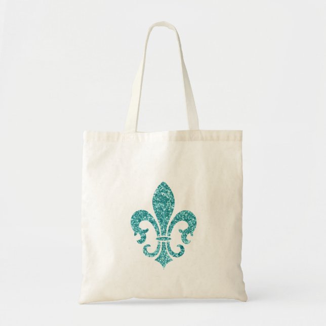 Aqua Glitter Look Fleur de Lis Tote Bag (Front)