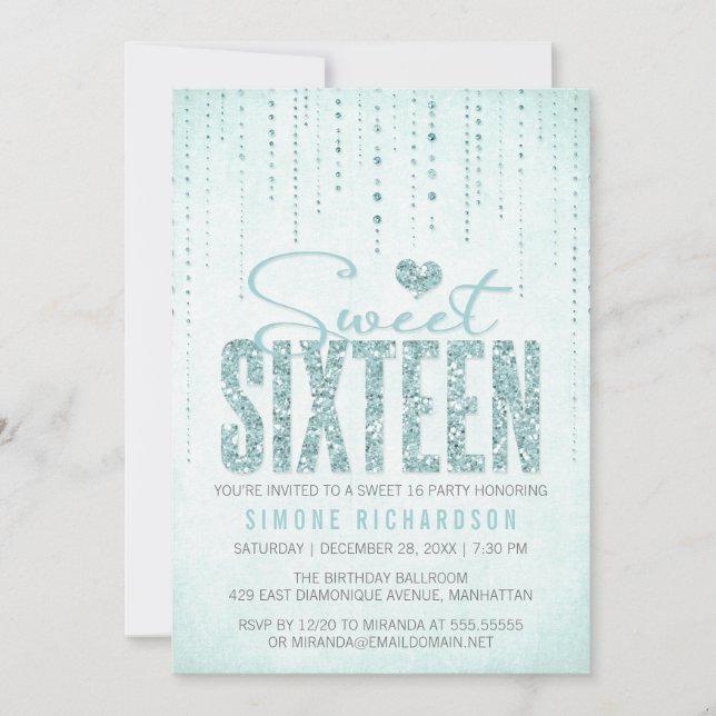 Aqua Glitter Look Sweet 16 (Sixteen) Party Invitation (Front)