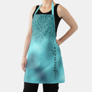 Aqua Glitter Metallic Handwritten Monogram Name Apron