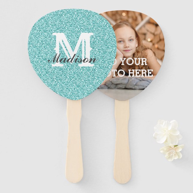 Aqua Glitter Monogram Hand Fan (Front and Back)