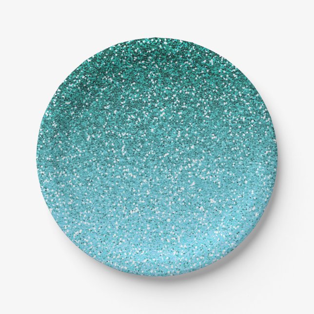 Aqua Glitter Ombre Paper Plate (Front)