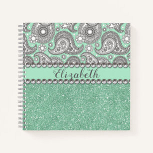 Aqua Glitter Paisley Rhinestone Personalise Notebook