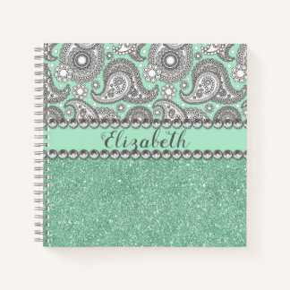 Aqua Glitter Paisley Rhinestone Personalise Notebook