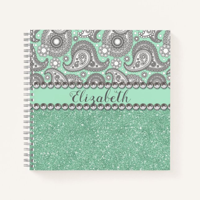 Aqua Glitter Paisley Rhinestone Personalise Notebook (Front)