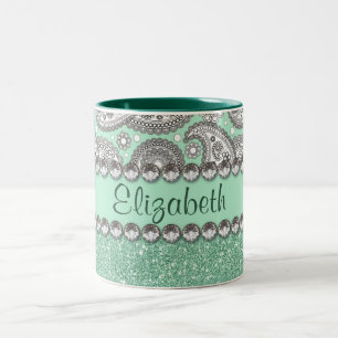 Aqua Glitter Paisley Rhinestone Personalise Two-Tone Coffee Mug