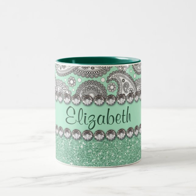 Aqua Glitter Paisley Rhinestone Personalise Two-Tone Coffee Mug (Center)