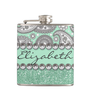 Aqua Glitter Paisley Rhinestone Print Pattern Hip Flask