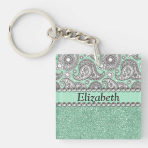 Aqua Glitter Paisley Rhinestone Print Pattern Key Ring