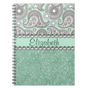 Aqua Glitter Paisley Rhinestone Print Pattern Notebook