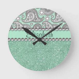 Aqua Glitter Paisley Rhinestone Print Pattern Round Clock
