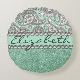 Aqua Glitter Paisley Rhinestone Print Pattern Round Cushion