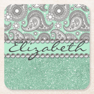 Aqua Glitter Paisley Rhinestone Print Pattern Square Paper Coaster