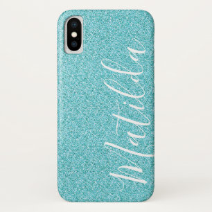 Aqua Glitter Personalised Name Script iPhone X Case