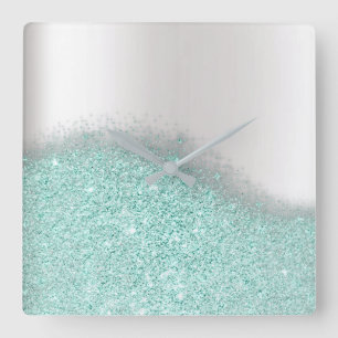 Aqua Glitter Silver Gray Minimal Metallic Square Wall Clock