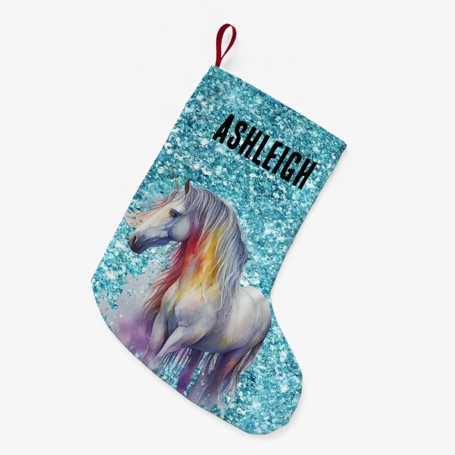 Aqua Glitter Sparkle Unicorn Name Small Christmas Stocking (Front (Hanging))