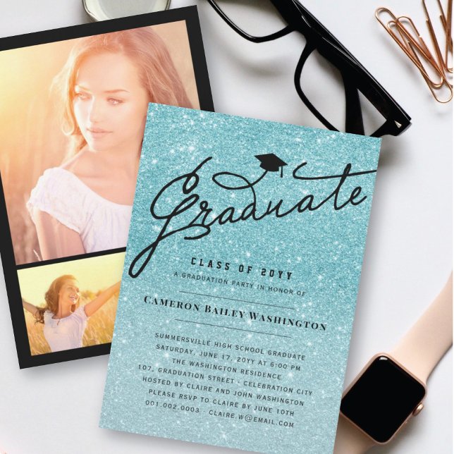 Aqua Glitter Stylish Graduate Graduation Party Invitation (Creator Uploaded)
