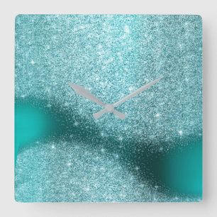 Aqua Glitter Teal Metal Glass Gray Minimal Square Wall Clock