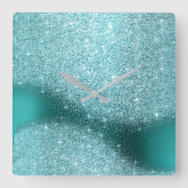 Aqua Glitter Teal Metal Glass Gray Minimal Square Wall Clock (Front)