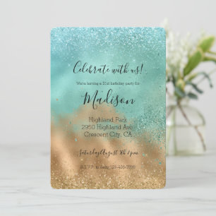  Aqua Glitz Gold Glitter      Invitation