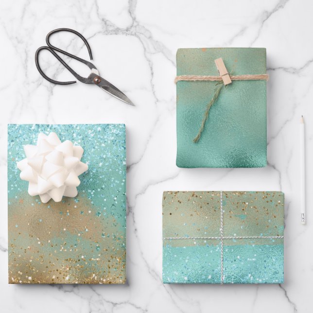  Aqua Glitz Gold Glitter               Wrapping Paper Sheet (Front)