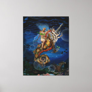 Aqua Goddess on Pegasus Unicorn Seahorse Canvas Print