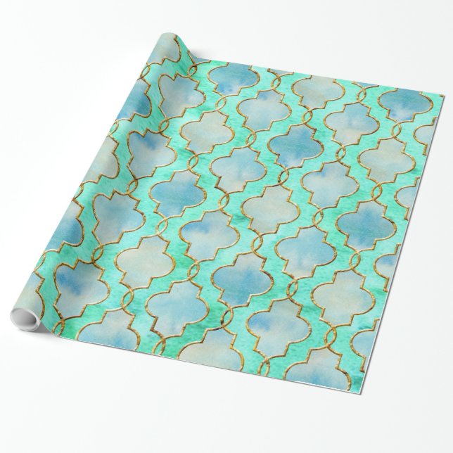 Aqua gold and Green Maroccan pattern Wrapping Paper (Unrolled)