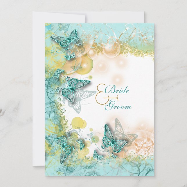 Aqua gold beach theme wedding invitation (Front)