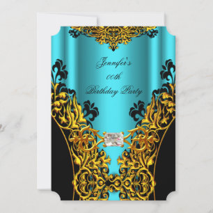 Aqua Gold Black Lace Diamond Birthday Party Invitation