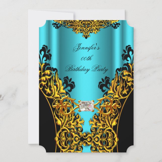 Aqua Gold Black Lace Diamond Birthday Party Invitation (Front)