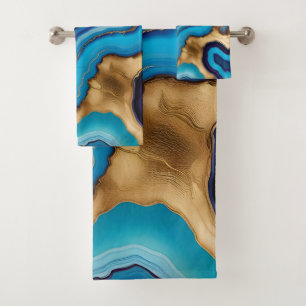 Aqua Gold Blue Purple Veins Agate Bath Towel Set