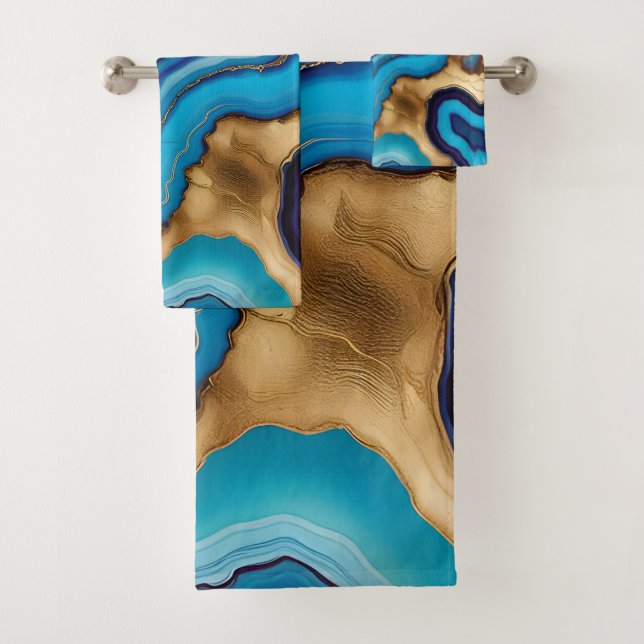 Aqua Gold Blue Purple  Veins Agate Bath Towel Set (Insitu)