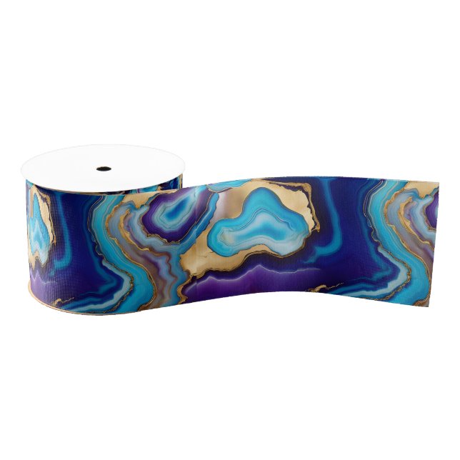 Aqua Gold Blue Purple  Veins Agate Grosgrain Ribbon (Spool)