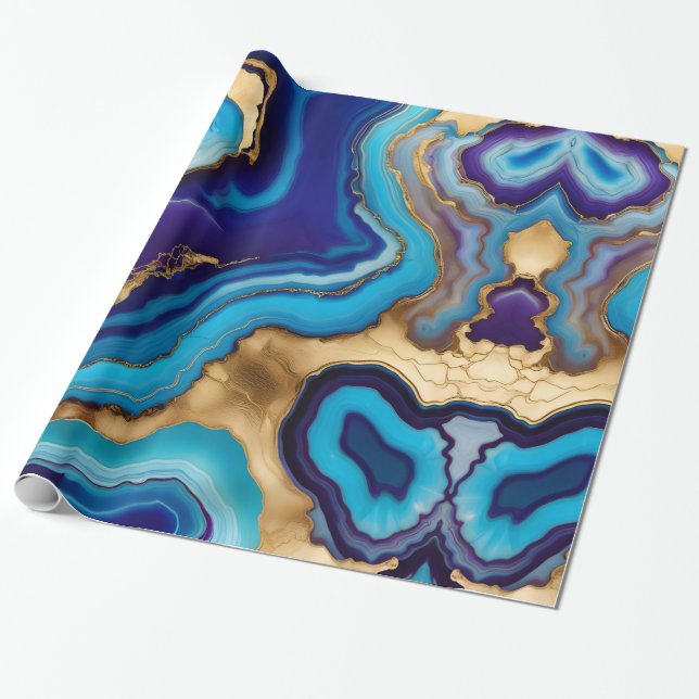 Aqua Gold Blue Purple  Veins Agate Wrapping Paper (Unrolled)