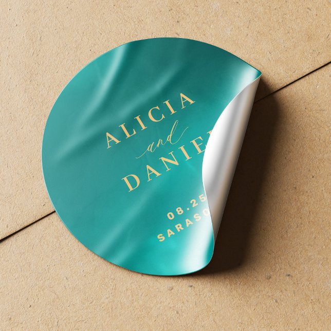 Aqua gold blue summer ocean destination wedding classic round sticker (Creator Uploaded)