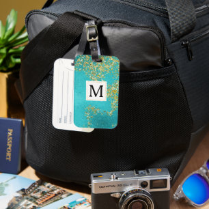 Aqua Gold Faux Sparkly Glitter Monogram Luggage Tag