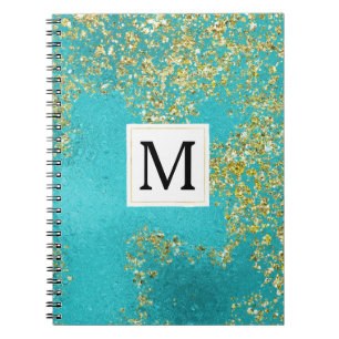 Aqua Gold Faux Sparkly Glitter Monogram Notebook