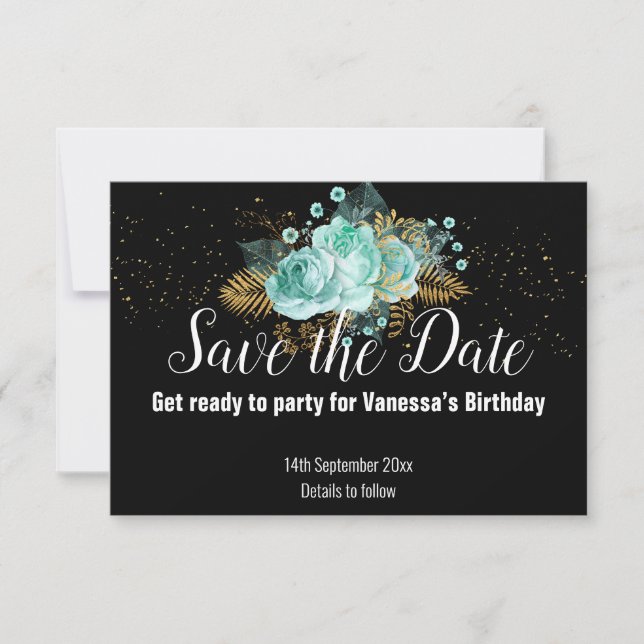 AQUA GOLD FLORAL BOUQUET ALL BLACK SAVE THE DATE RSVP CARD (Front)