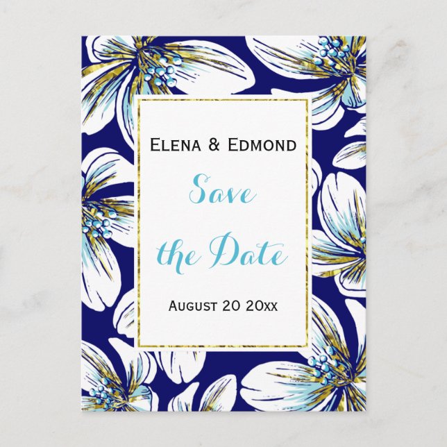 Aqua, gold foil floral navy wedding Save the Date Announcement Postcard (Front)