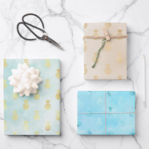 Aqua Gold Glam Tropical Pineapples Wrapping Paper Sheet