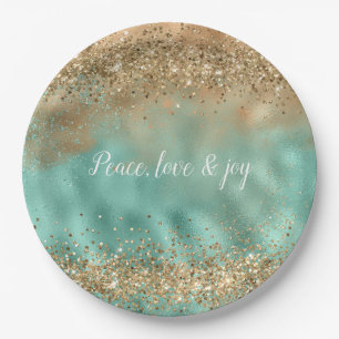 Aqua Gold Glitter Confetti Paper Plate