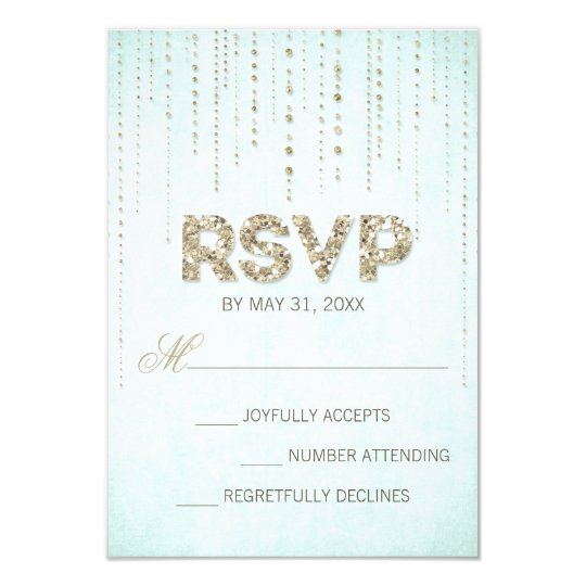 Aqua & Gold Glitter Look Wedding RSVP Card