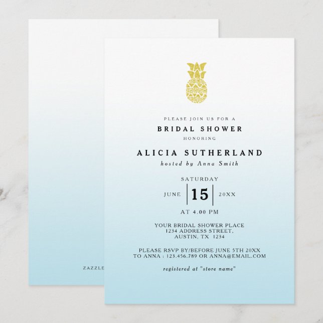 Aqua Gold Glitter Pineapple Bridal Shower Card (Front/Back)