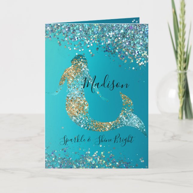Aqua Gold Glitter Sparkle Mermaid  Card (Front)