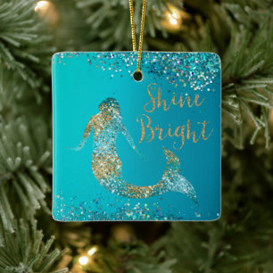 Aqua Gold Glitter Sparkle Mermaid Ceramic Ornament